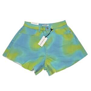 WEWOREWHAT Sz 28 Blue Green Tie Dye Stretch Twill Denim Flare Bell Jean Short